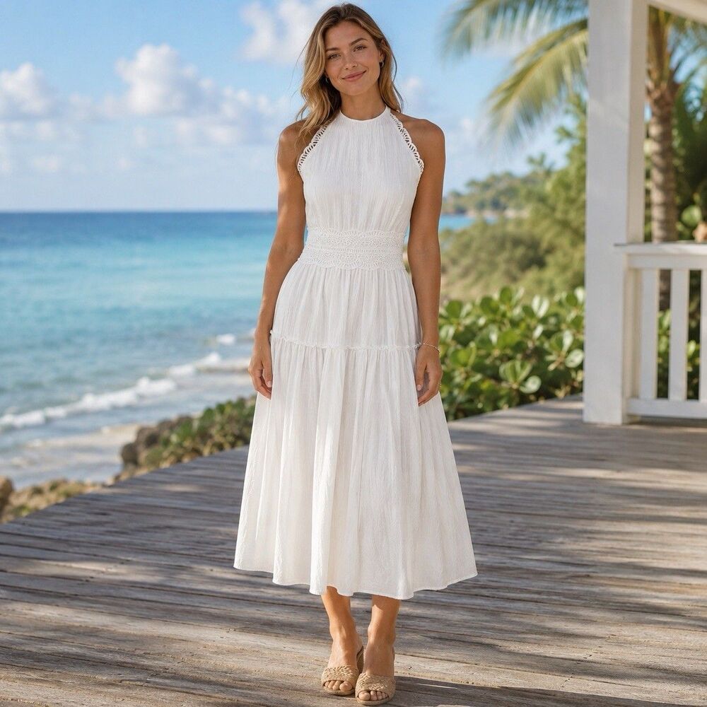 NWT Trixxi White Halter Midi Dress sz XL Crochet Trim Euro Summer Resort Cottage